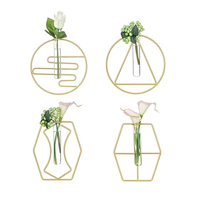 Wall Hanging Flower Vase 4 Pcs Geometric Glass Test Tube Planter with Metal Frame Hanging Bud Terrarium Container for Propagating Hydroponic Plants Home Decoration Green Plants Wedding, Gold