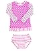 RuffleButts Baby/Toddler Girls Swimsuit Rash Guard 2-Piece Long Sleeve Set - Neon Pink Stripe Polka Dot UPF 50+ - 6-12m