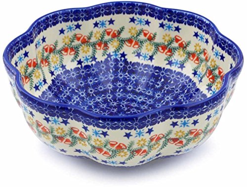 Click Here to See More Images Polish Pottery 10¼-inch Scalloped Fluted Bowl (Wreath Of Bealls Theme) + Certificate of Authenticity