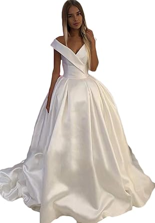 a line off the shoulder satin wedding dress
