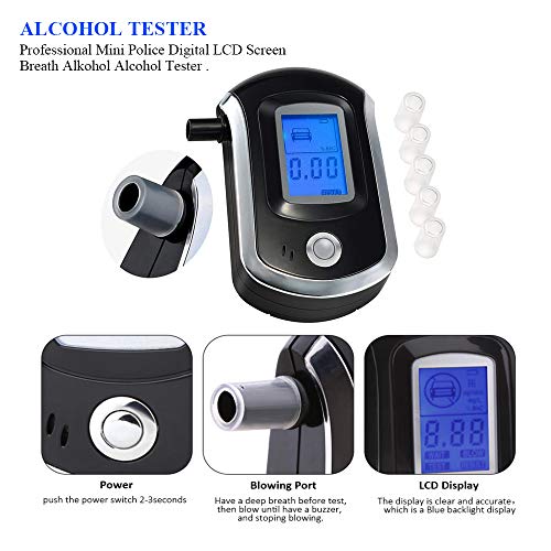 Alcohol Tester Breathalyzer at6000, iPstyle Professional Semiconductor Highly-Accurate Result Digital Blood Breath Tester with 5 Mouthpieces (Alcohol Tester)