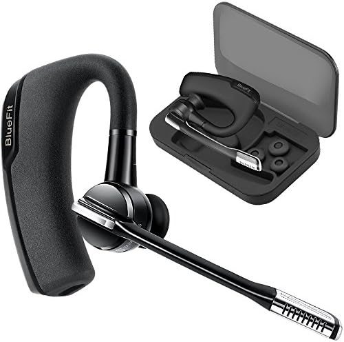 Bluetooth Headset, BlueFit Hands Free Wireless Earpiece with Microphone + Plastic Carrying Case - Compatible with iPhone, Android Cell Phones