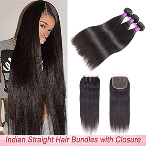 Indian Straight Hair 3 Bundles with Closure 8A Unprocessed Virgin Human Hair Straight with Lace Closure Three Part 100% Human Hair Bundles Extensions with Baby Hair (22 22 22+20, Natural color)