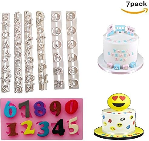 7Pcs DIY Cake Molds 3D Emoji Cookies Candy Chocolate Baking, Digital, Alphabet Moulds Decorating for Baby Kids Birthday Party