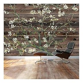 "Almond Blossom by Vincent Van Gogh - Floral Painting on a Horizontal Brown Wood Paneled Background - Wall Mural, Removable Sticker, Home Decor - 66x96 inches