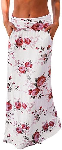 Henwerd Women's Fashion Summer Beach Floral Prints Skirt Polyester Straight Casual Floor-Length Low Waist Long Skirt