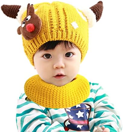 Bot Winter Kids Boys Girls Knitted Woolen Stripe Hat and Scarf Set Beanie Caps Fluffy Ball Hood Scarves Skull Caps(Yellow)