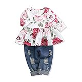 Girls Pants Set Infant Ripped Jeans Floral Long Sleeve T Shirt Tops Toddler Ruffle Outfits for Fall