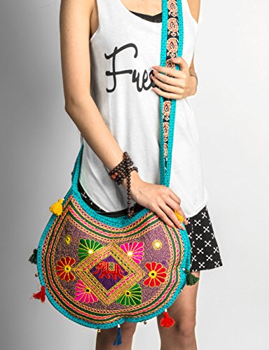 Hippie Sling Handmade Crossbody Bag Boho Chic Patchwork Embroidered Shoulder Purse Gypsy Blue