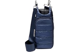 WanderFull Crossbody HydroBag | Quilted Water Bottle Carrier & Strap | Stylish Puffer Tote for Water Bottle | Navy Shiny & Solid Strap