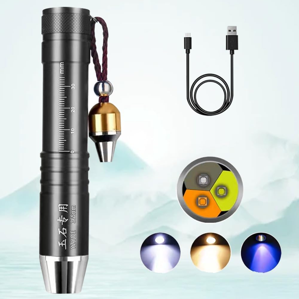 YZYOE LED Three Light Sources Rechargeable Jade Appraisal Flashlight, Jewelry Identification Pen Lamp, Outdoor Crystal Gemstone Detection Light, 365nm Ultraviolet Rays Detector.