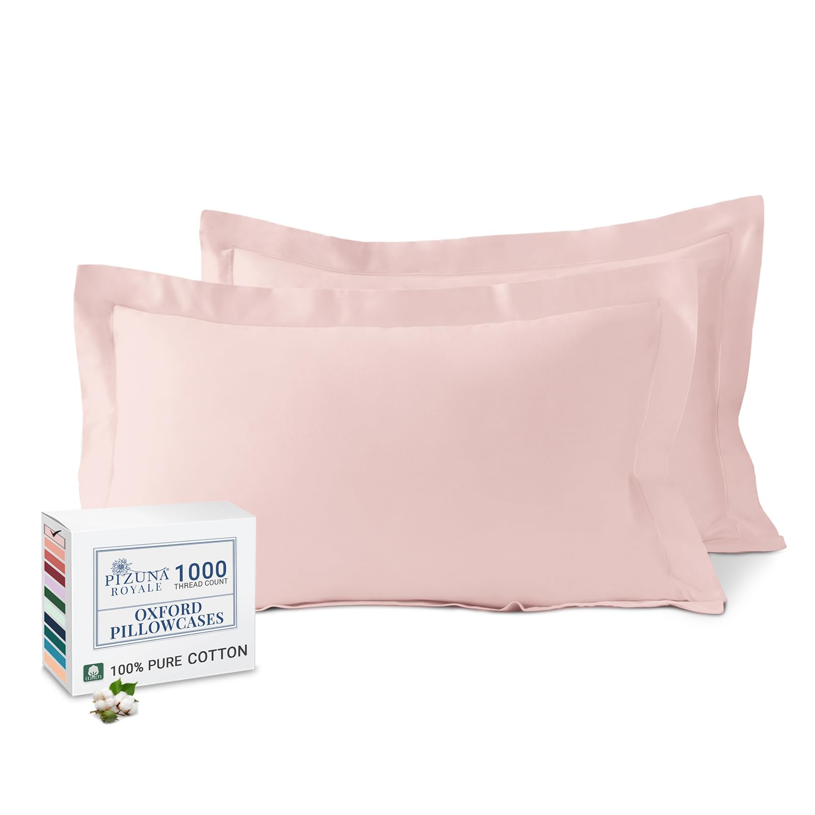 Pizuna Luxurios Cotton King Size Oxford Pillowcases 2 Pack Light Pink 50x90cm, 1000 Thread Count Long Staple Combed Cotton Thick Pillow Cover, Soft Sateen King Pillow Cases (Cooling Pillowcase)