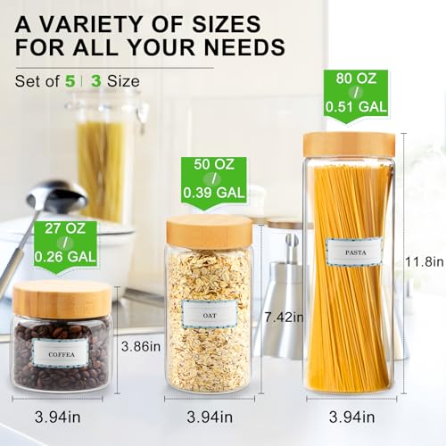AISIPRIN Glass Storage Containers with Lids, Airtight Glass Jars with Screw On Bamboo Lid,Cookie Jars,Pasta, Cereal,Sugar Flour Containers Storage, 1Pcs 80oz 2Pcs 50oz 2Pcs 27oz Kitchen Food Canister
