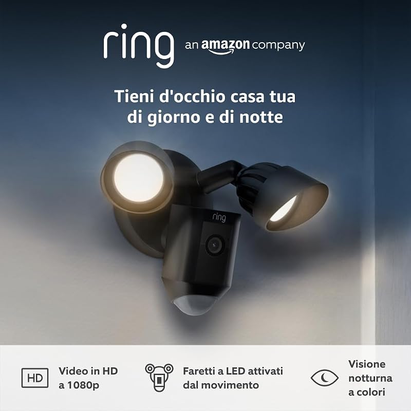 videocamera Plus con proiettori cablata (Floodlight Cam Wired Plus) | Telecamera di sorveglianza wifi per esterno con HD video, audio bidirezionale e sirena | Ring Home: 30 gg. prova gratuita