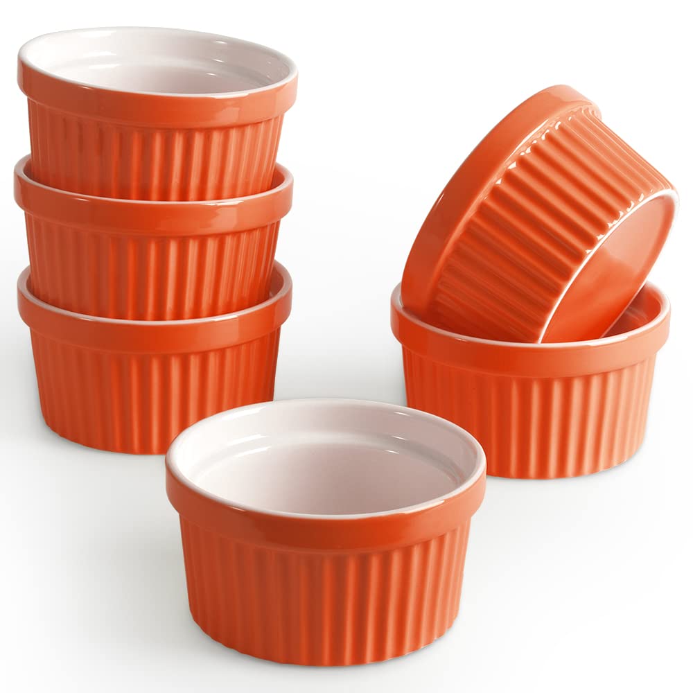 homEdge Porcelain Ramekins Set, 240 ml / 8 Fl Ounces Ice Cream Bowl, Creme Brûlée Ramekins Soufflé Cup for Baking, Set of 6 Orange