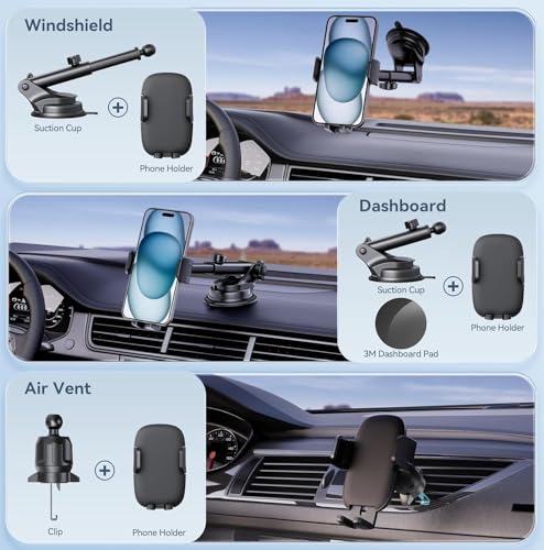 Phone Holders for Your Car [Ultra-Durable Suction] Cell Phone Car Mount for Dashboard Windshield Air Vent Universal Automotive Accessories Car Mount Cradles Fit for iPhone Android Smartphones