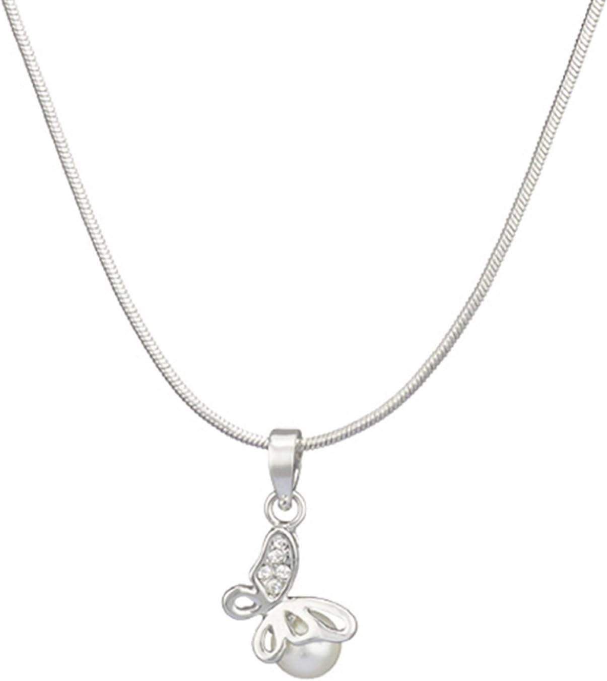 Oviya Rhodium Plated White Artificial Pearl Butterfly Pendant with CZ for Women