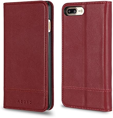 iPhone 8 Plus Case, iPhone 7 Plus Case, AZOFO Genuine Leather Wallet Case, Flip Folio Book Cover for iPhone 8 Plus / iPhone 7 Plus with ID&amp;Credit Card Holder, Kickstand, Magnetic Clousure, Wine Red
