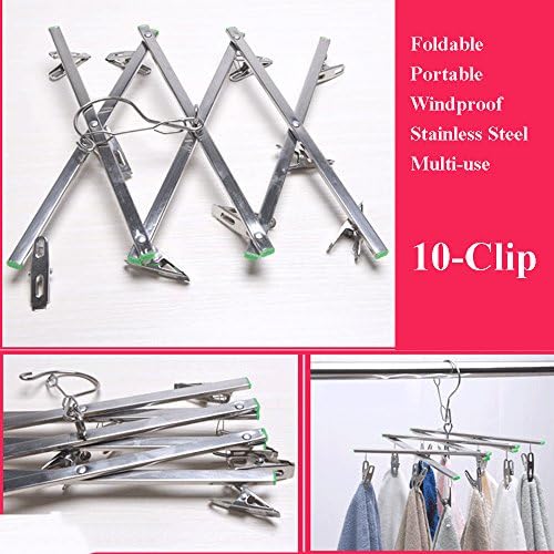 Stainless Steel Laundry Drying Rack | Foldable Clothes Hanger with 10 Clips | Drip Hanger for Sock,Towel, Bra, Underwear, Scarf, Dress, etc. (10-Clip)