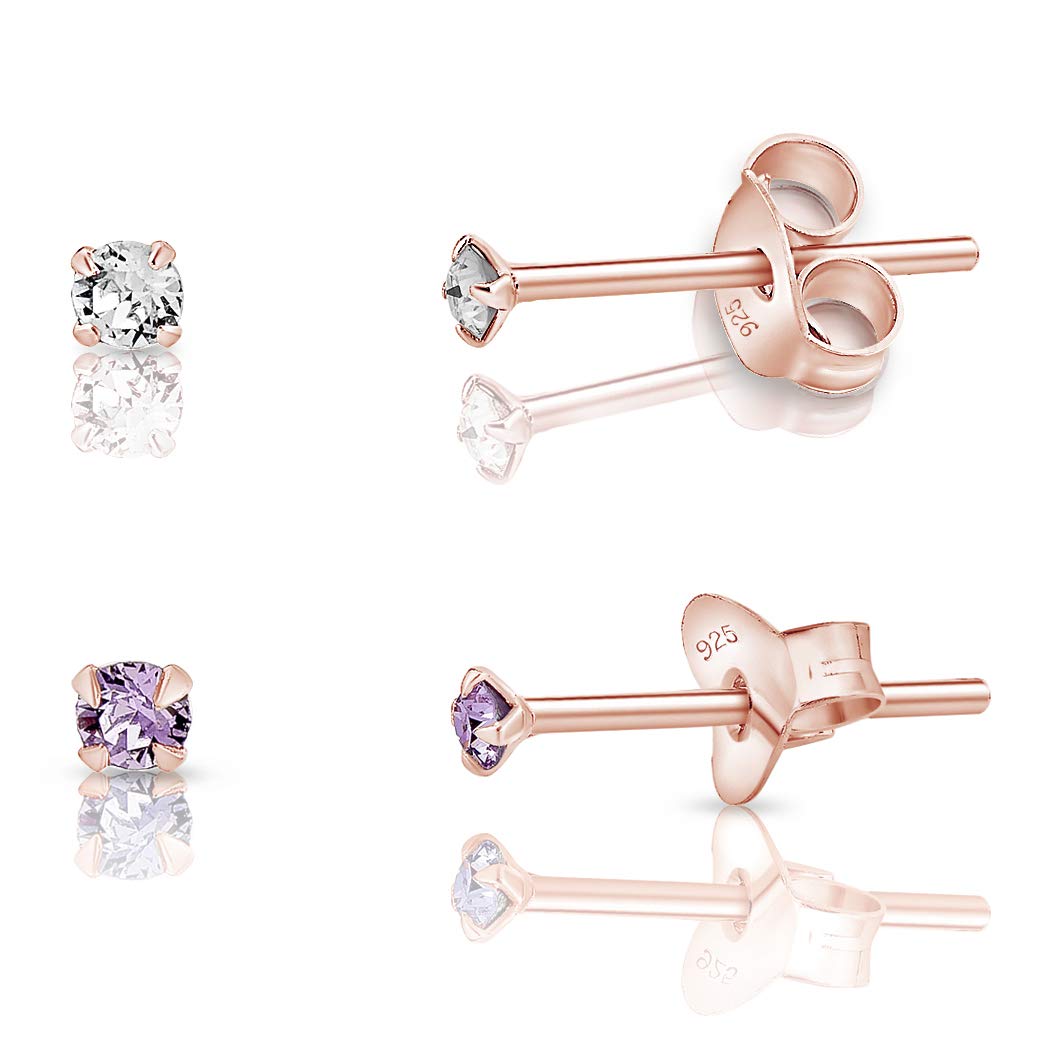 DTPSilver - Set of 2 PAIRS of 925 Sterling Silver Rose Gold plated Round TINY Stud Earrings made with Glittering Crystals from Swarovski® Elements - Diameter: 2 mm - Colour : Violet