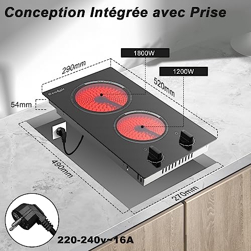 Cooksir Ceramic Hob 2 Burners with Buttons, 2 Burners Electric Hob with Plug, 30 cm Recessed Electric Hob, 3000 W, Control Buttons, 9 Levels, 240 V