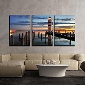 3 Piece Canvas Wall Art - Lighthouse at Night in Austria - Modern Home Art Stretched and Framed Ready to Hang - 16"x24"x3 Panels