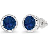 14K Gold Plated 925 Sterling Silver Hypoallergenic 6mm Round Bezel Set Genuine Birthstone Solitaire Screwback Stud Earrings