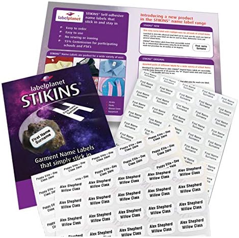 120x Personalised Garment Name Stickers, STIKINS Label for Children's School Uniform Clothes Labels For Kids Children, New Stick In Name Labelling NO NEED TO IRON ON/SEW, Adhesive White Vinyl For School Wear, Message Name To Be Printed
