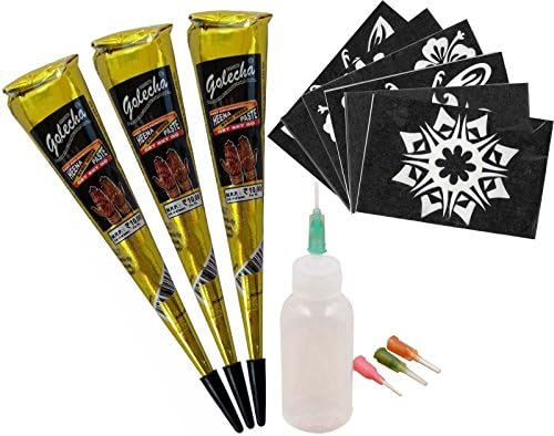Golecha Temporary Tattoo India Henna Tattoo Paste Black Tatouage Temporary Paste Cone Body Art Painting with Free Henna Stencil Set (3PCS) and Applicator