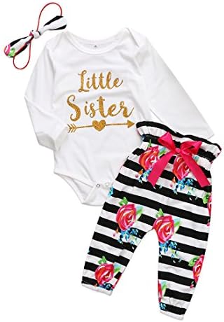 Xmas Newborn Kids Baby Girls Romper Tops Floral Pants Stripe Outfits Little Sister Clothes 3Pcs Set (0-6 Months, Little Sister)