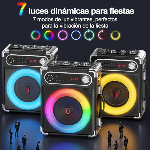 JYX Karaoke 3 Microfonos Inalambricos, Altavoz Karaoke Profesional 80W con Bluetooth 5.3 y Luces RGB, Control de Bajos/Agudos/Eco, TWS/FM/TV/AUX/USB/TF/Rec para Familia, Fiestas y Exterior