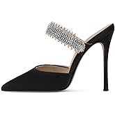 BlingQueen Women Heeled Mules Rhinestone Embellished Strap Pointed Toe Mules Satin Stiletto High Heels Slip On Bridal Sandals for Women
