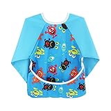 Hi Sprout Unisex Infant Toddler Baby Super Waterproof Sleeved Bib, Reusable Bib with Sleeves& Pocket, Multi Patterns, 6-24 Months (monster story)
