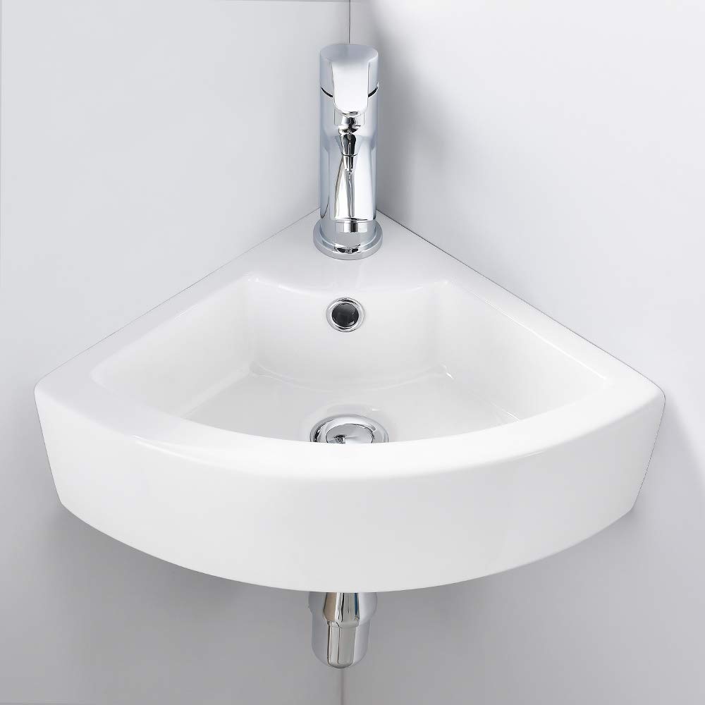VASOYO Small Corner Bathroom Sink Wall Mount White Triangle Porcelain Ceramic Above Counter Mini Wall Vanity Vessel Sinks with Single Faucet Hole and Overflow