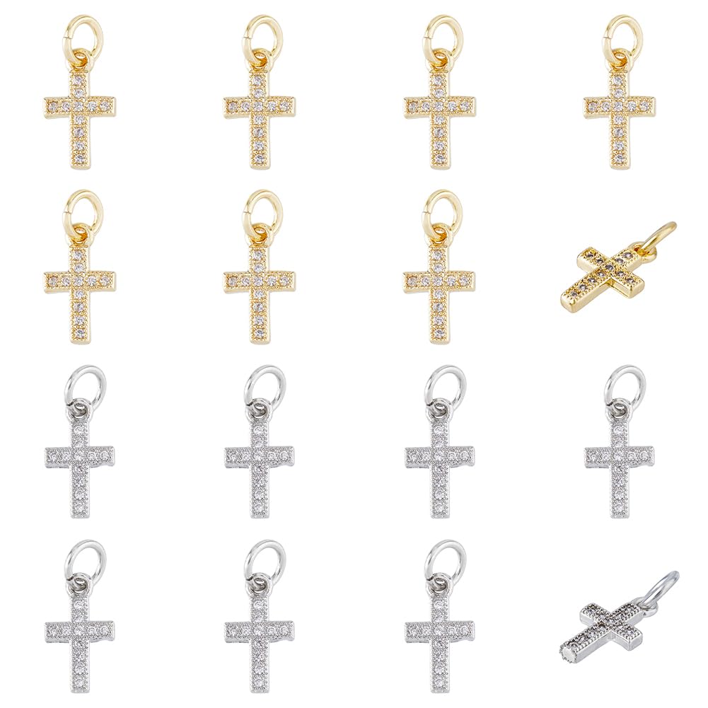 HOBBIESAY 12PCS 18k Gold Plated Cubic Zirconia Cross Charm 2 Colors Rhinestone Cross Charms Crystal Crosses Pendants Christ Crucifix Pendant Charm Crosses Pendant for Women Birthday Anniversary