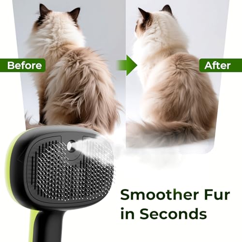 pecute Cat Steam Brush, Dog Steam Brush, Dense Mist and Fine Mist Function, No Heat, One Click Epilation, Long and Short Hair, Visible Water Tank, Green