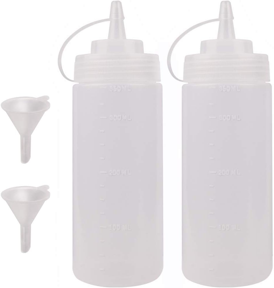 Squeeze Bottles, Katfort 2PCS 12 Ounce Plastic Condiment Squeeze Bottles Squirt Bottles with Cap Lids and Funnel for Liquids, Sauce, Ketchup, BBQ, Dressing, Paint, Pancake Art Dispenser