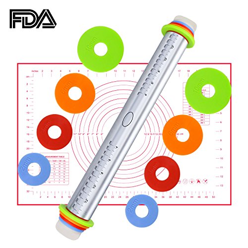RollingÂ Pin with Rolling Mat,Â TedGem AdjustableÂ StainlessÂ SteelÂ RollingÂ PinÂ Dough Roller withÂ 4 RemovableÂ ThicknessÂ RingsÂ Guides for PieÂ Crust,Â DoughÂ PizzaÂ PieÂ Cookies, Including a Pastry Mat