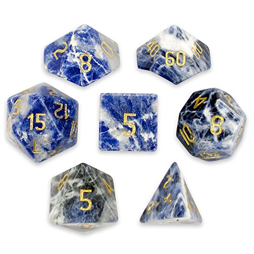 Wiz Dice Set of 7 Handmade Stone 16mm Polyhedral Dice with Velvet Pouch (Sodalite) - Thumbnail 6