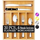 Teivio 24-Piece Silverware Set, Flatware Set Mirror Polished, Dishwasher Safe Service for 4, Include Knife/Fork/Spoon with Bamboo 5-Compartment Silverware Drawer Organizer Box