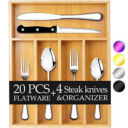 Teivio 24-Piece Silverware Set, Flatware Set Mirror Polished, Dishwasher Safe Service for 4, Include Knife/Fork/Spoon with Bamboo 5-Compartment Silverware Drawer Organizer Box