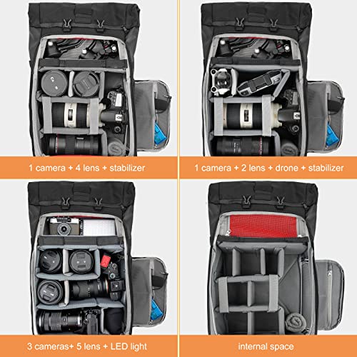 Besnfoto Camera Backpack Waterproof, Photography Bag Roll Top for DSLR