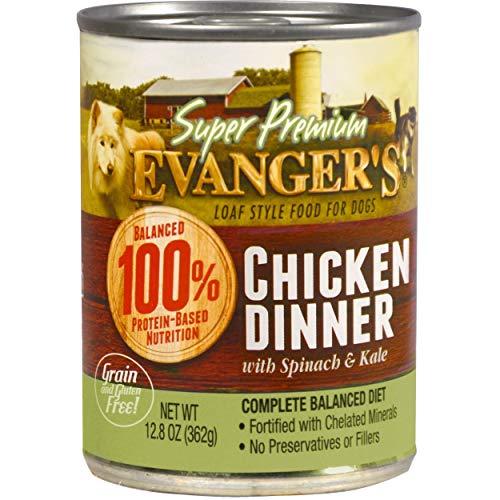 EVANGER’S SUPER CHICKEN DINNER FOR DOGS – 12.5 OZ EACH – LIMITED INGREDIENT DIET, GRAIN & GLUTEN FREE, WITH SPINACH & KALE – BALANCED WET DOG FOOD