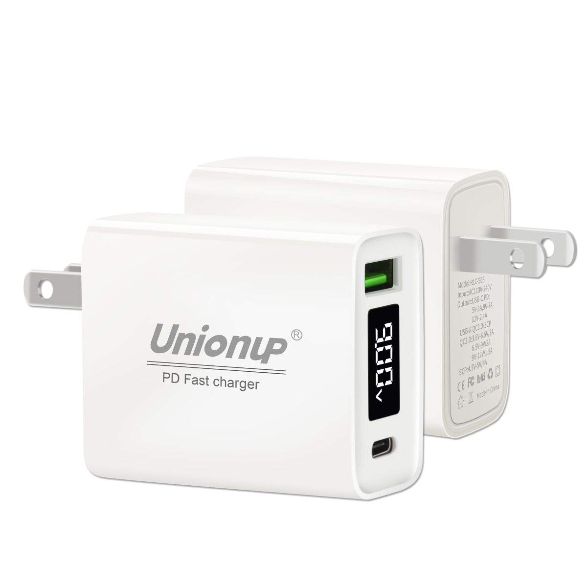 Unionup PD 3.0 & QC 3.0 Dual Port Wall Charger with Voltage Current Display, PD Wall Charger USB C Wall Charger 30W & Quick Charge 3.0 Wall Charger 18W for iPhone, Android Phone iPad