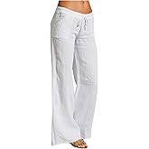 Unlimit Womens Casual Pants Wide Legs Cotton Linen, Soft Comfy Long Lounge Pants for Summer, Elastic Waist Trousers w Pockets