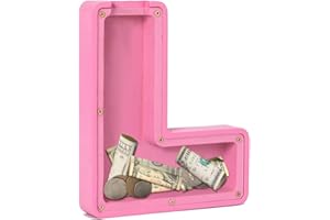 SHAPEAZY Wooden Letter Piggy Bank,Personalized Creative Twenty-Six English Alphabet Storage Tank,Coin Bank Perfect Decor,Unique Gift or Savings Money Box for Kids with Sticker for DIY (L-Pink)
