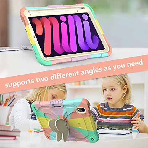 Silicon Case for iPad Mini 6 2021, iPad Mini 6th Generation Case for Kids, Cute Butterfly Wings Kickstand, with Shoulder Strap/ Pencil Holder Shockproof Cover for iPad Mini 6 8.3 inch (Colorful Pink)