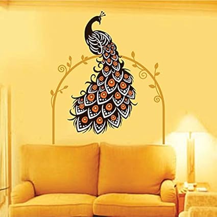 Decals Design Beautiful Peacock on Vine Wall Sticker (PVC Vinyl, 90 cm x 60 cm, Multicolour)