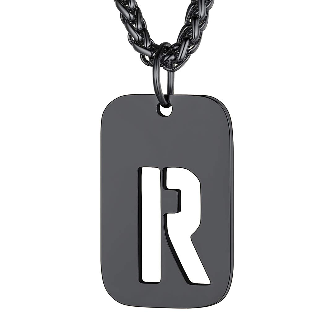 Richsteel Black Dog Tag Chain for Men Necklace Army Necklaces Womens Letter R Pendant Neckless