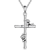 CRMAD Cardinal/Penguin/Rose/Panda/Cat/Black Cat/Butterfly Cross Necklace for Women Sterling Silver Cross Pendant Jewelry